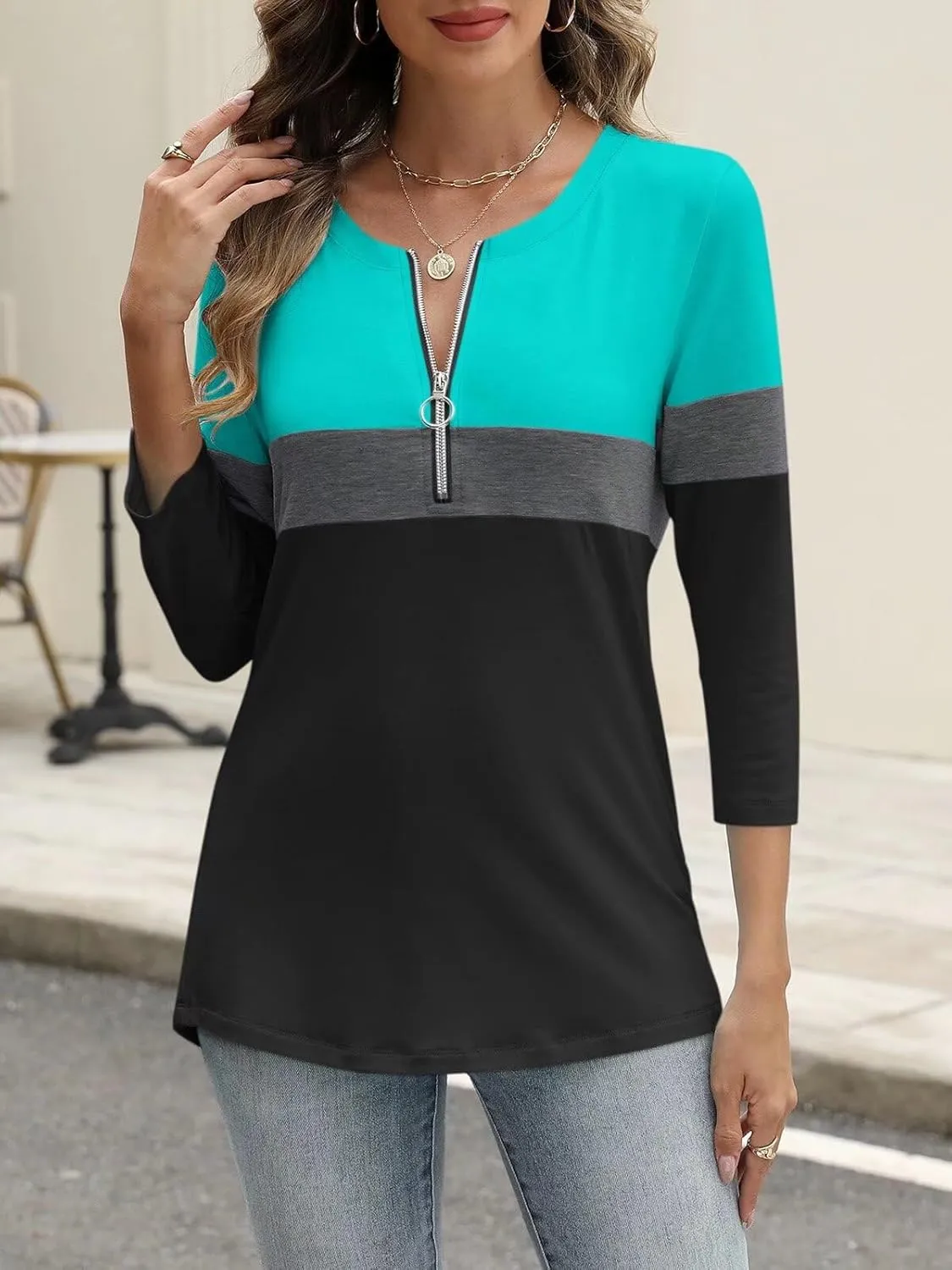 ORANDESIGNE Womens 3/4 Length Sleeve Tops Summer Color Block Zipper T Shirts Casual Ladies Tees
