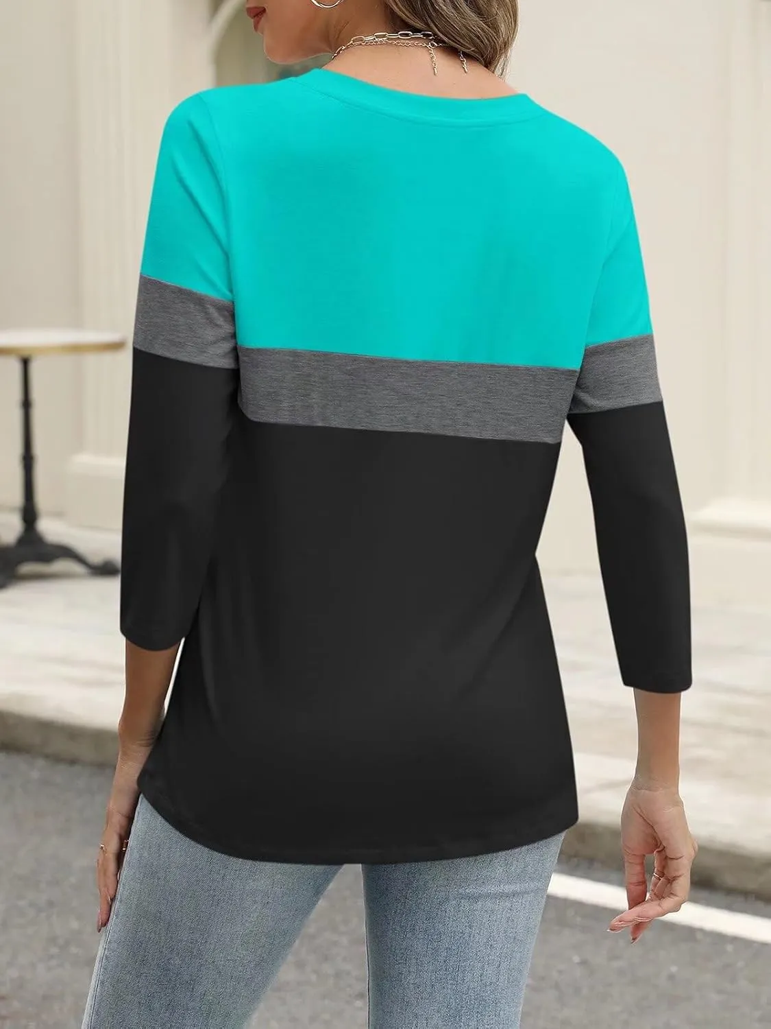 ORANDESIGNE Womens 3/4 Length Sleeve Tops Summer Color Block Zipper T Shirts Casual Ladies Tees