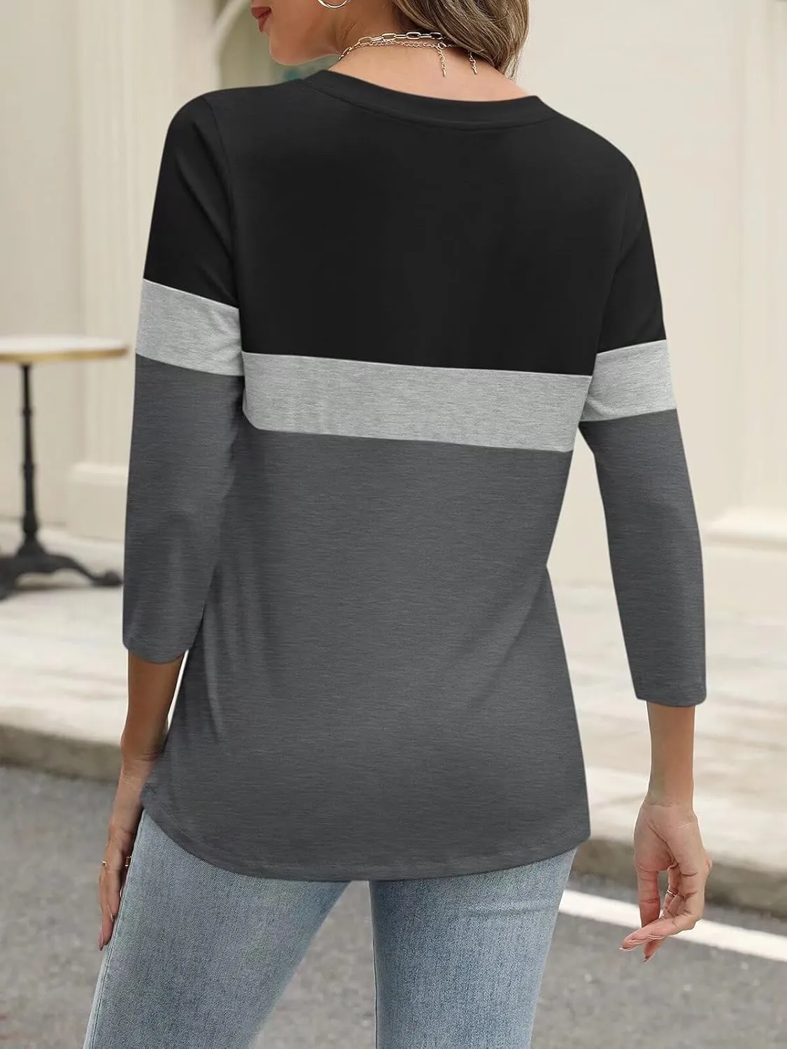 ORANDESIGNE Womens 3/4 Length Sleeve Tops Summer Color Block Zipper T Shirts Casual Ladies Tees