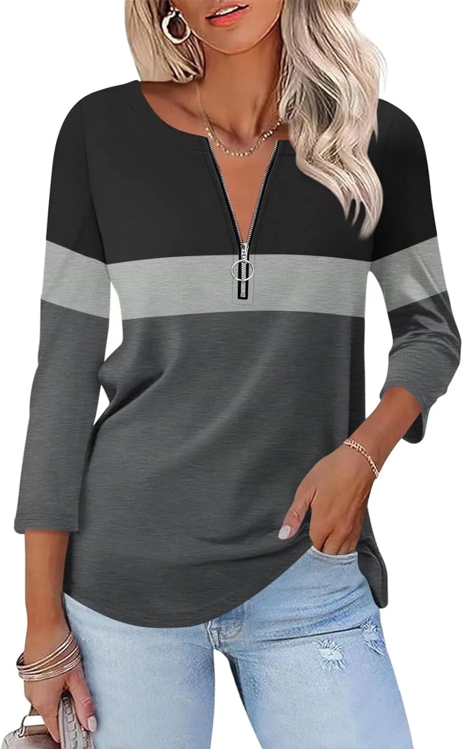 ORANDESIGNE Womens 3/4 Length Sleeve Tops Summer Color Block Zipper T Shirts Casual Ladies Tees