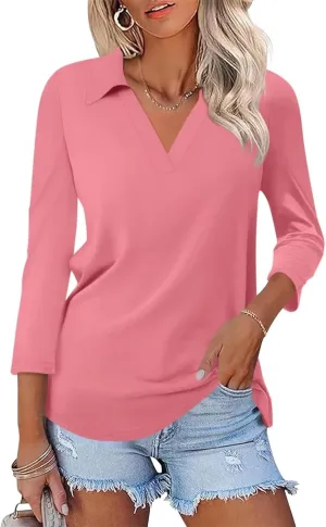 ORANDESIGNE Women's 3/4 Sleeves V Neck Polo Shirts Casual Summer Tops Basic Collar Cute Tees