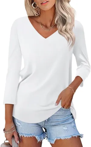 ORANDESIGNE Women's 3/4 Sleeves V Neck T Shirts Casual Summer Tops Basic Tees