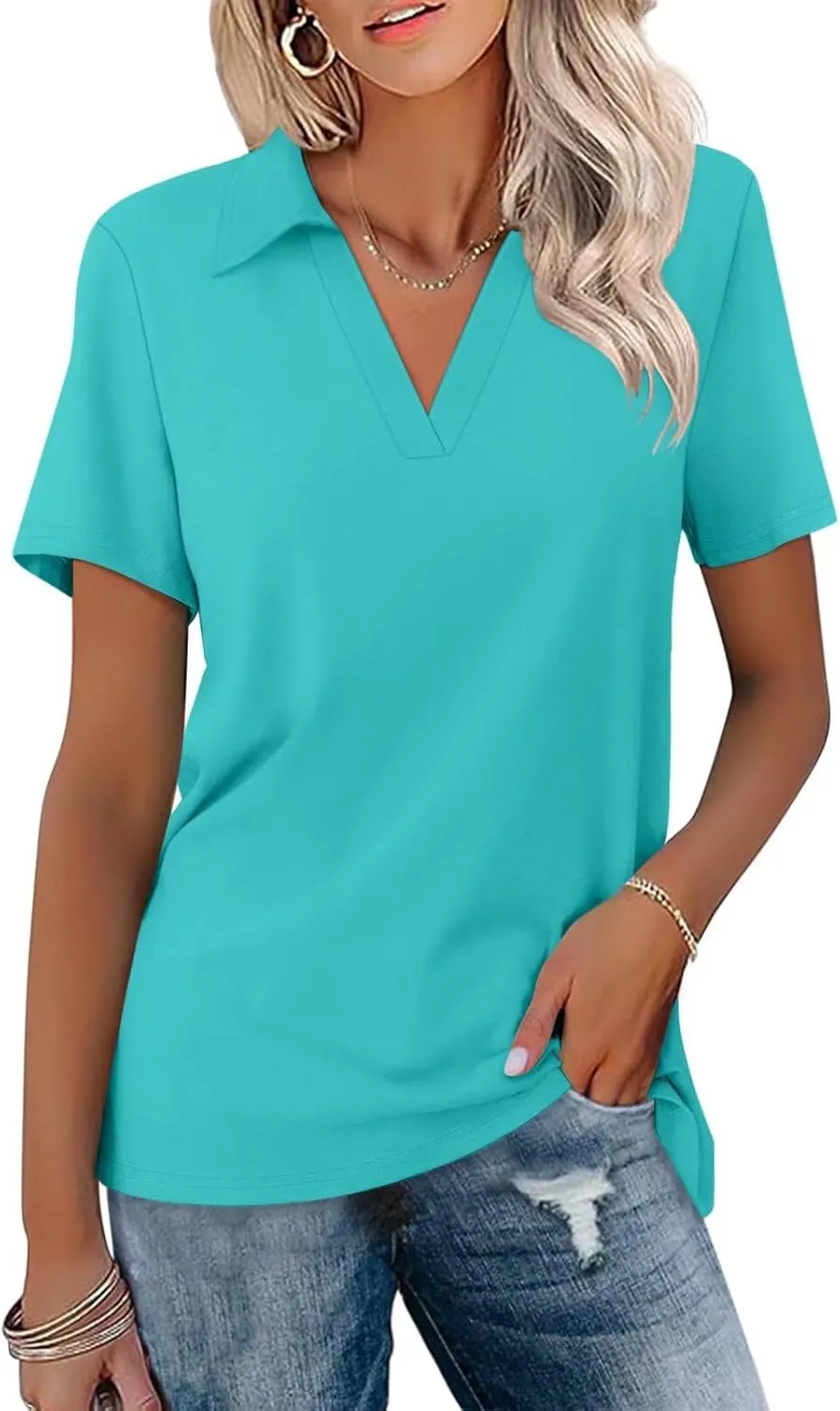 ORANDESIGNE Women's Short Sleeve V Neck Polo Shirts Summer Collared Tops Casual Loose Tees Tops