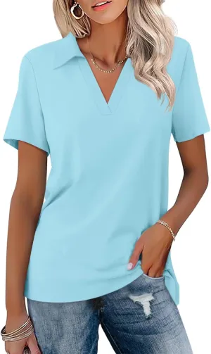 ORANDESIGNE Women's Short Sleeve V Neck Polo Shirts Summer Collared Tops Casual Loose Tees Tops