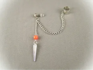Orange Bead Silver Tone Dangle Post Spike Earrings For Women Set Ear Cuff 3" Long Chain Spiked
