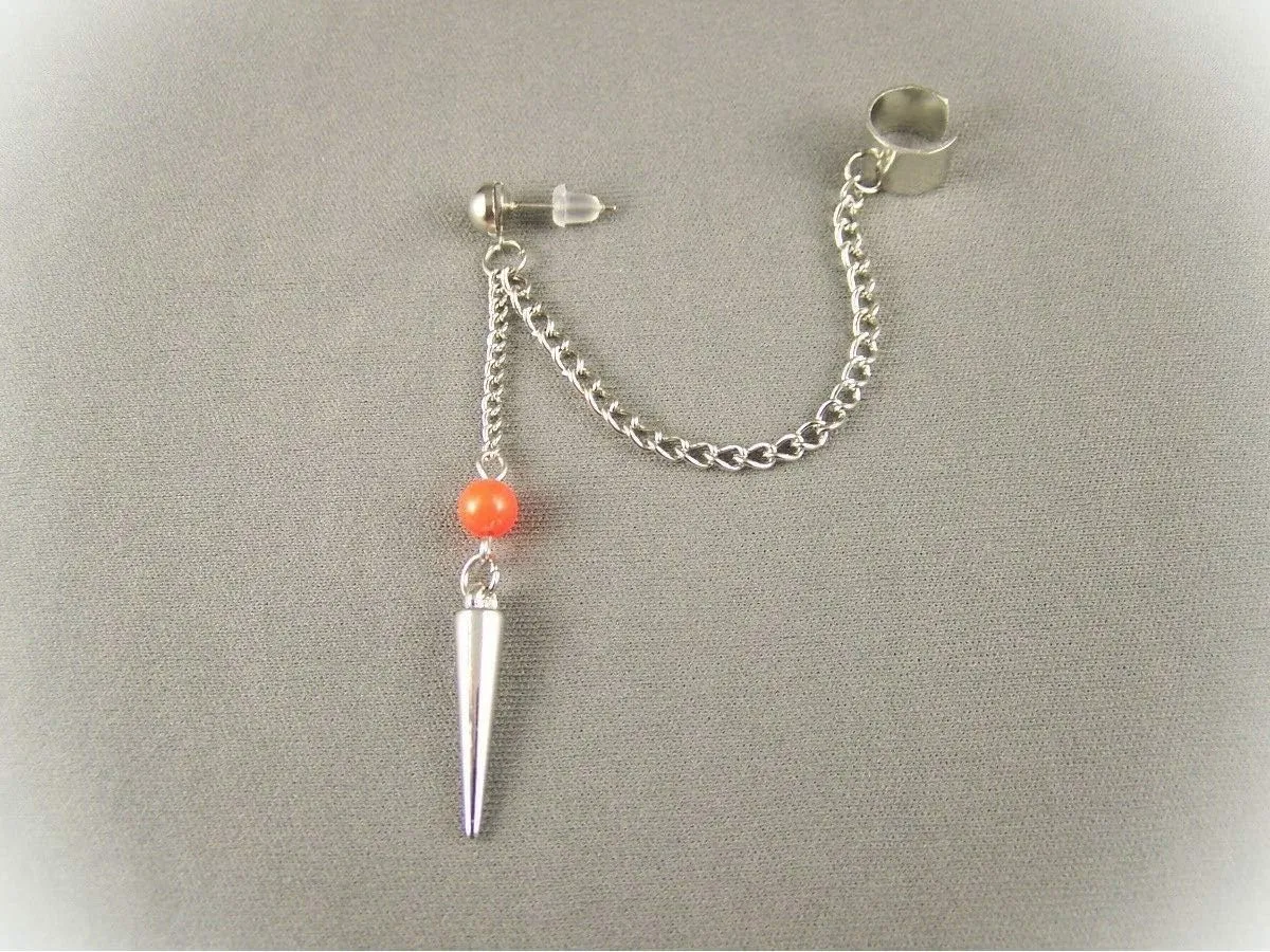 Orange Bead Silver Tone Dangle Post Spike Earrings For Women Set Ear Cuff 3" Long Chain Spiked