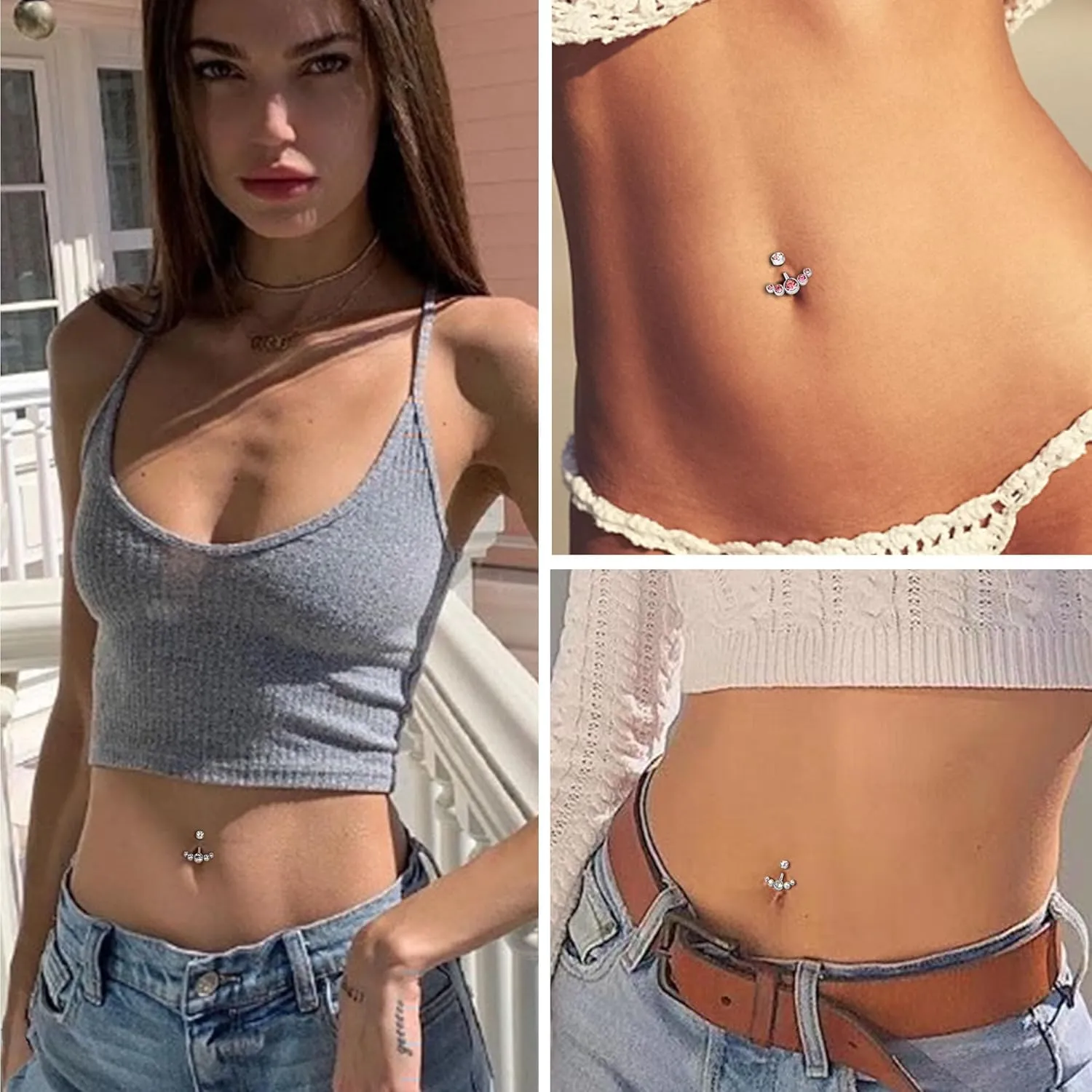 ORAZIO 4Pcs Belly Button Ring 14G Belly Rings Stainless Steel Barbell Belly Rings For Women Simple Long Bar Belly Button Rings CZ Belly Button Piercing Gold Silver Rose Gold Reverse Navel Rings Body Piercing Jewelry