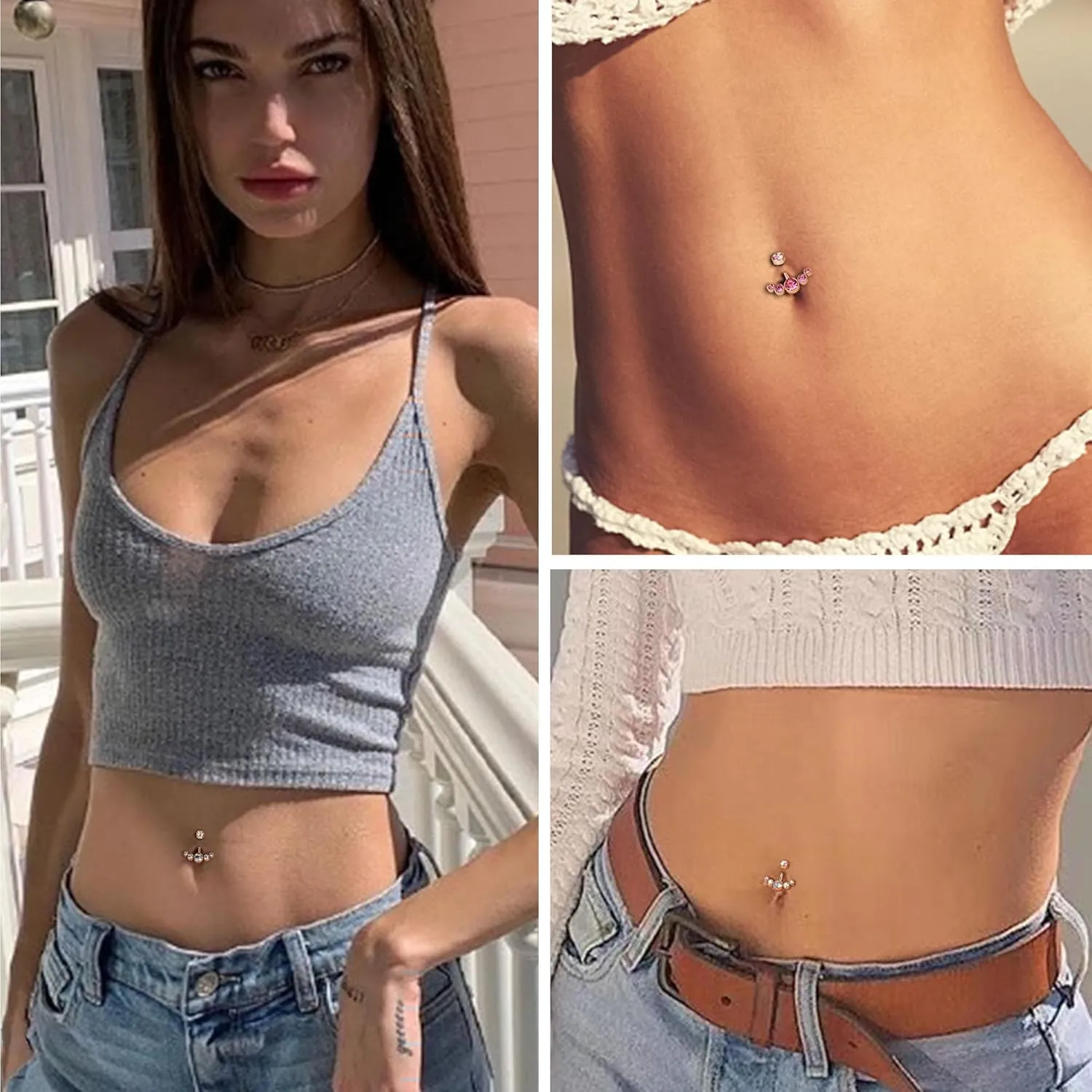 ORAZIO 4Pcs Belly Button Ring 14G Belly Rings Stainless Steel Barbell Belly Rings For Women Simple Long Bar Belly Button Rings CZ Belly Button Piercing Gold Silver Rose Gold Reverse Navel Rings Body Piercing Jewelry