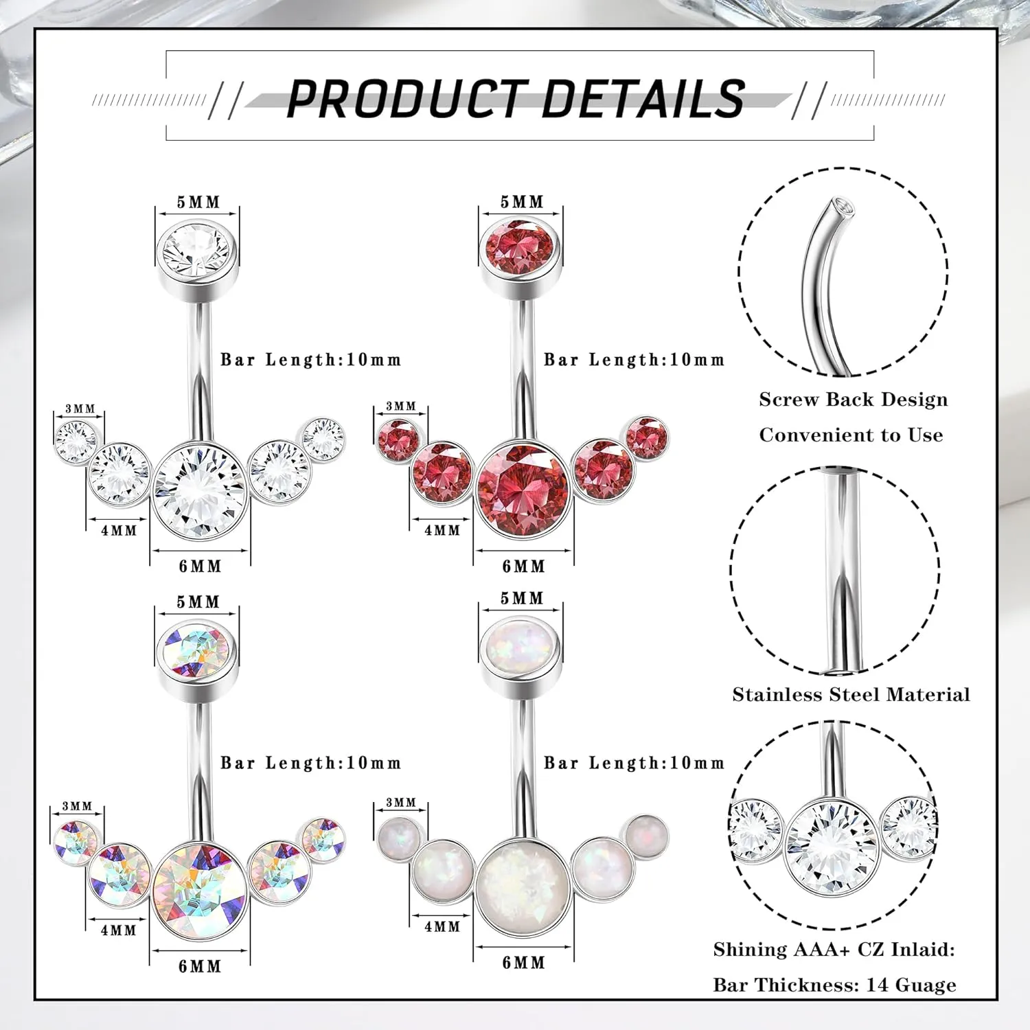 ORAZIO 4Pcs Belly Button Ring 14G Belly Rings Stainless Steel Barbell Belly Rings For Women Simple Long Bar Belly Button Rings CZ Belly Button Piercing Gold Silver Rose Gold Reverse Navel Rings Body Piercing Jewelry