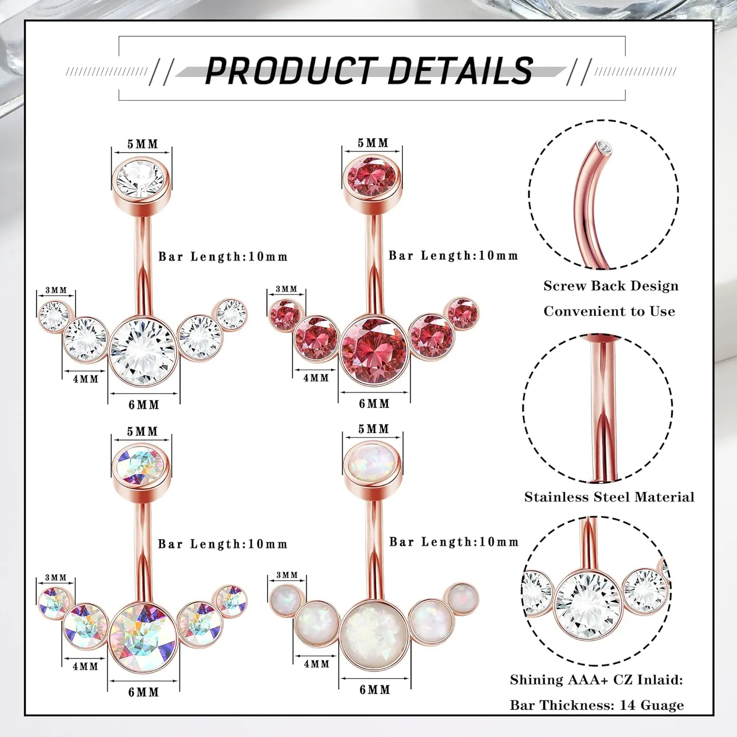 ORAZIO 4Pcs Belly Button Ring 14G Belly Rings Stainless Steel Barbell Belly Rings For Women Simple Long Bar Belly Button Rings CZ Belly Button Piercing Gold Silver Rose Gold Reverse Navel Rings Body Piercing Jewelry