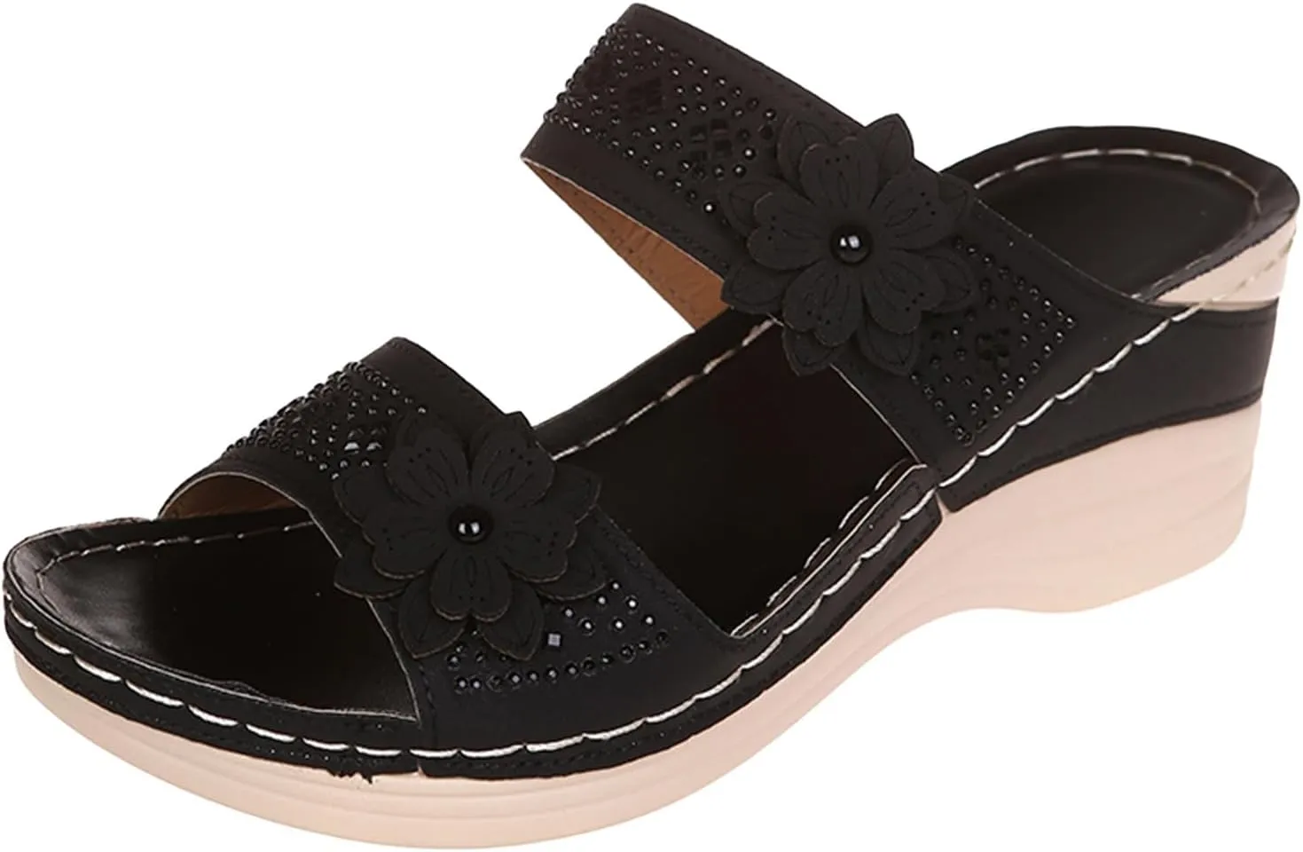Orthopedic Sandals with Arch Support Flip Flops for Women Wedge Walking Slippers Anti-Slip Breathable Sandal Dressy Summer Orthotic Comfortable Hook&Loop Flower Black Sandals Beach Travel Sandal Shoes