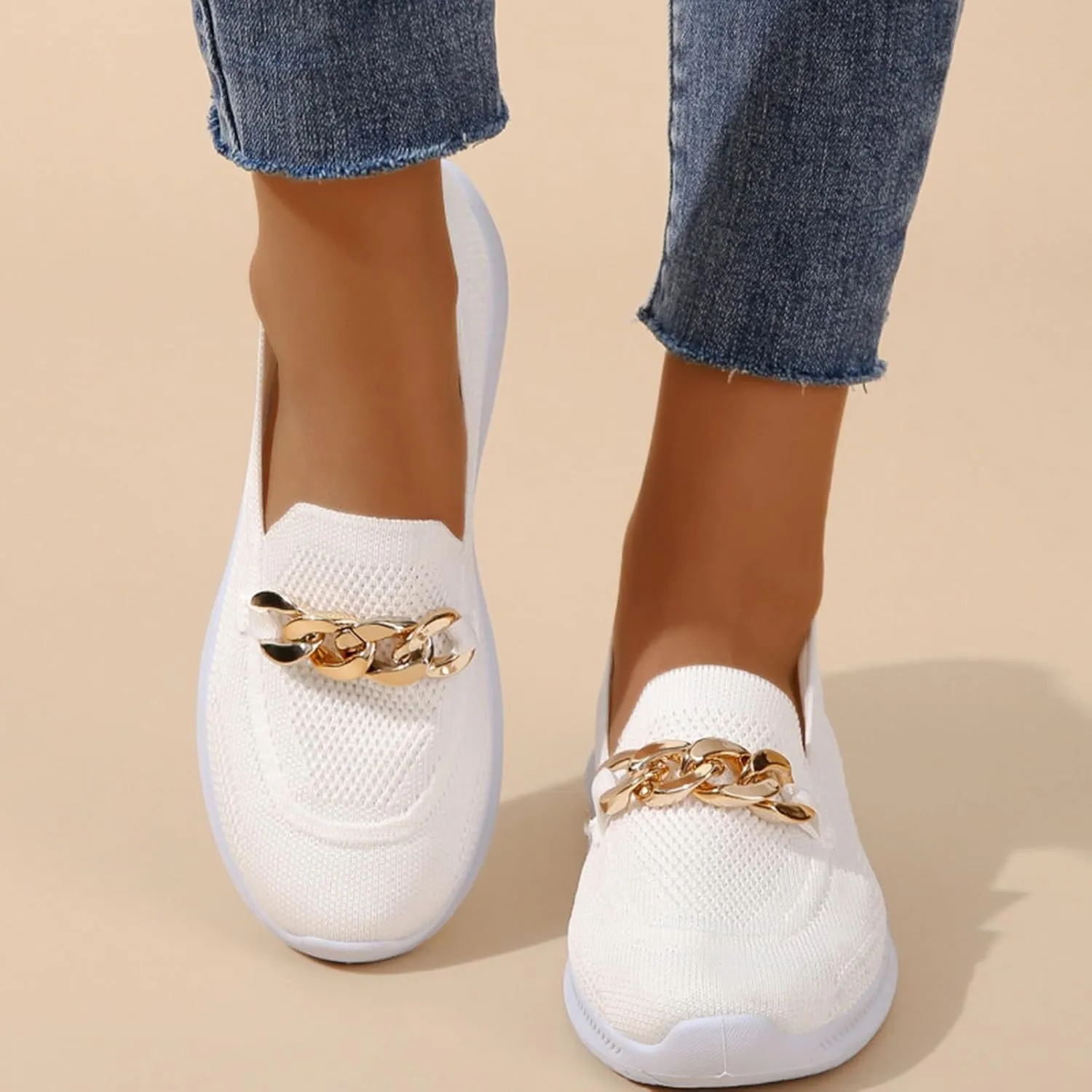 Orthopedic Slip-On Walking Shoes for Women, Comfort Loafers Wide Fit Knit Breathable Mesh Non-Slip Platform
