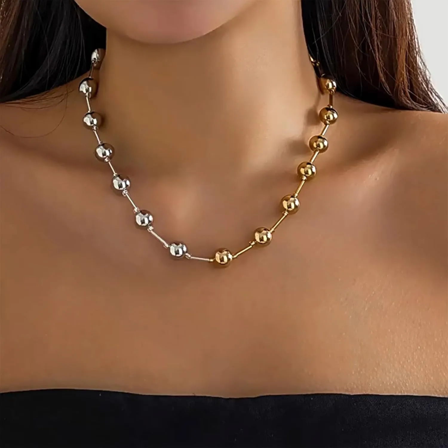 Otxas Gold Beaded Necklace Chunky Gold Necklace for Women Ball Chain Layered Stacking Gold Necklace Women Big Gold Ball Necklace