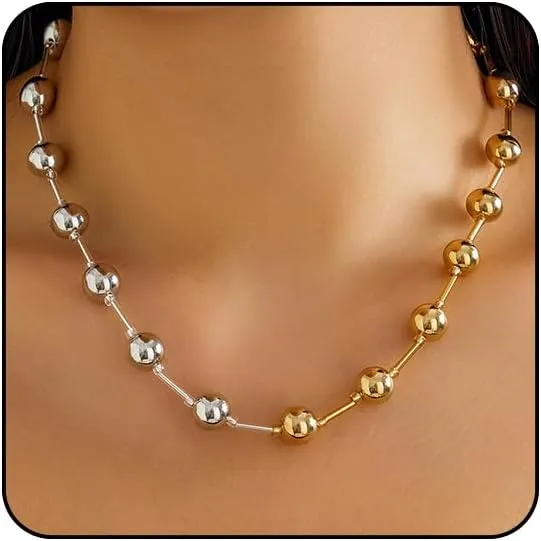 Otxas Gold Beaded Necklace Chunky Gold Necklace for Women Ball Chain Layered Stacking Gold Necklace Women Big Gold Ball Necklace
