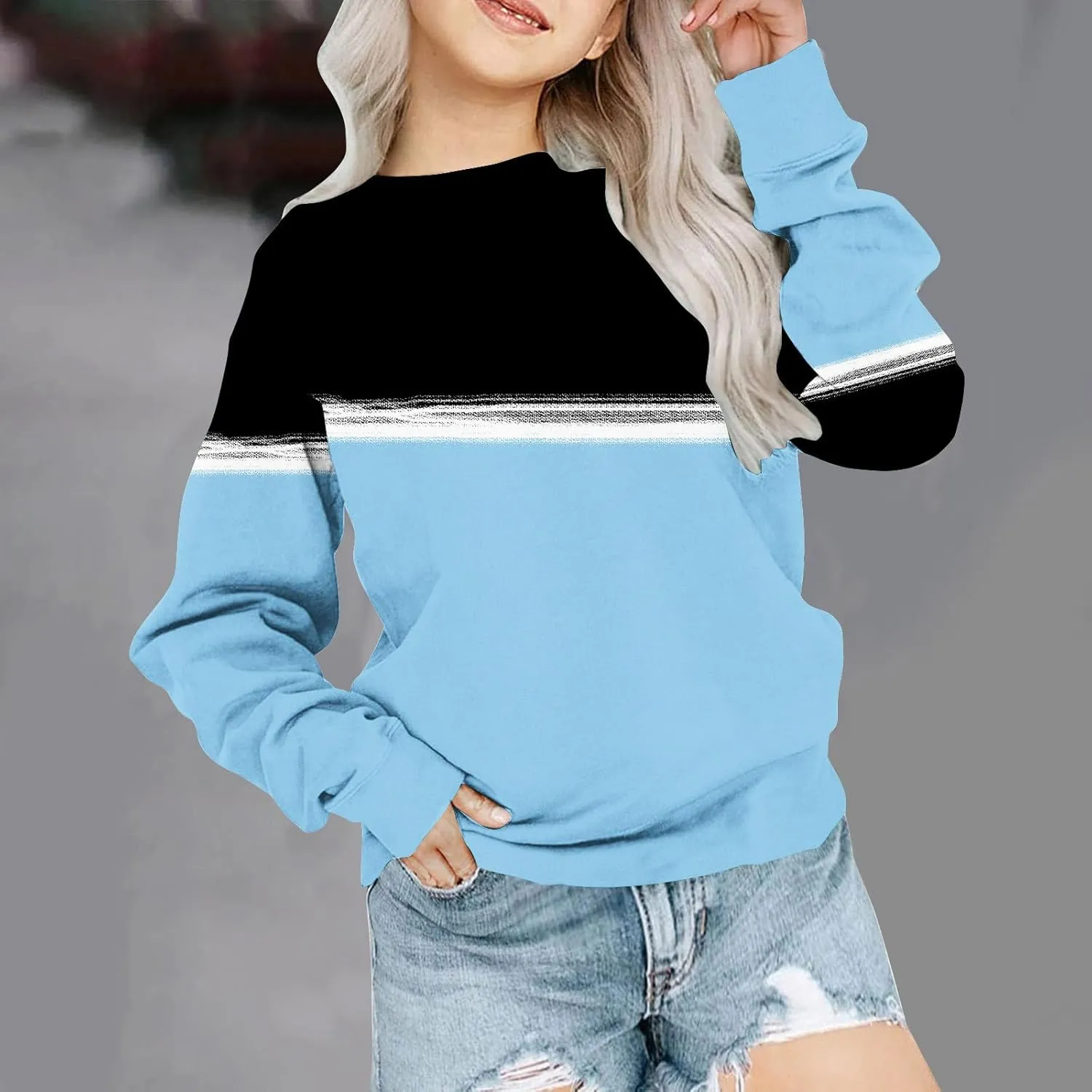 Oversized Crewneck Sweatshirts For Girls Boys Long Sleeve Color Block Pullover Tops Fleece Preppy Clothes 1-12 Years