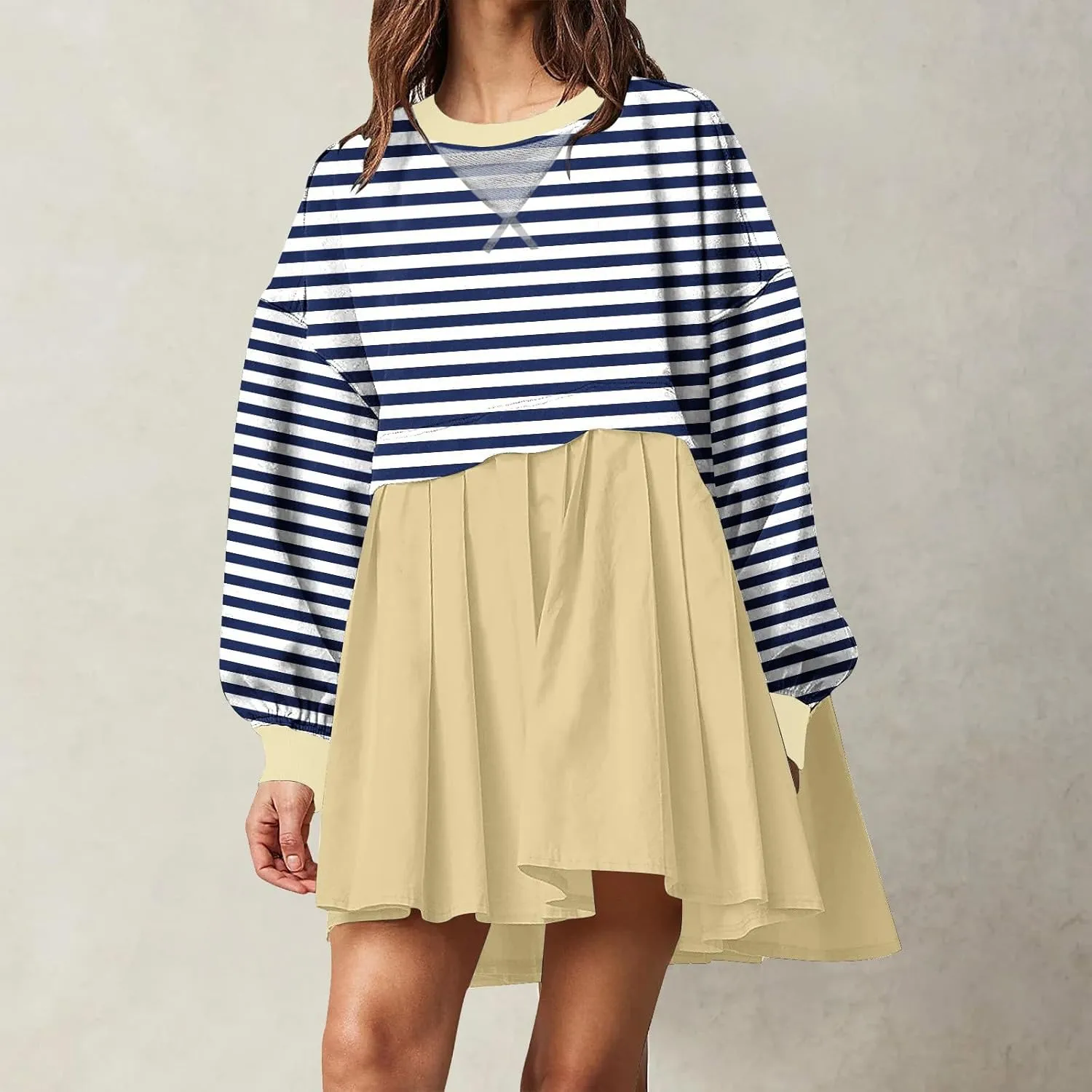 Oversized Sweatshirt Dress Womens Fall Fashion 2024 Long Sleeve Crewneck Patchwork Pullover Tops Pleated Mini Dress