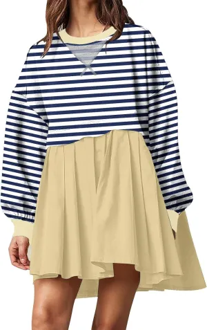 Oversized Sweatshirt Dress Womens Fall Fashion 2024 Long Sleeve Crewneck Patchwork Pullover Tops Pleated Mini Dress