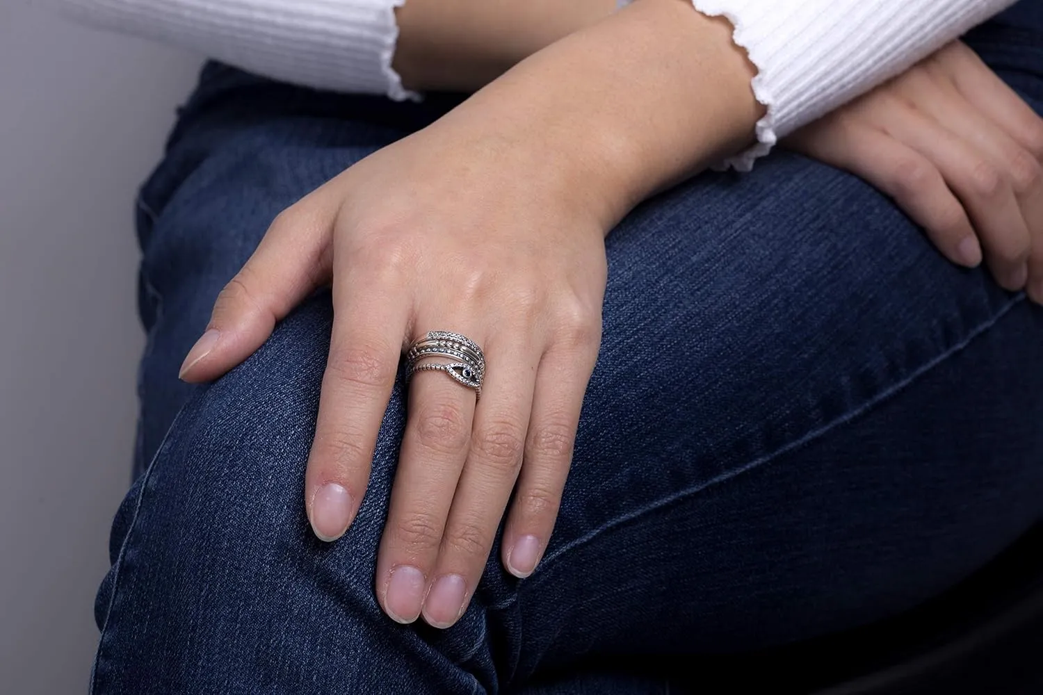 Oxidized Sterling Silver Multi Pack Cubic Zirconia Stackable Eternity Ring for Women Set Evil Eye