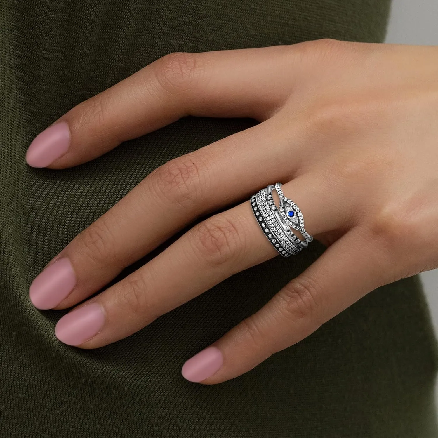 Oxidized Sterling Silver Multi Pack Cubic Zirconia Stackable Eternity Ring for Women Set Evil Eye