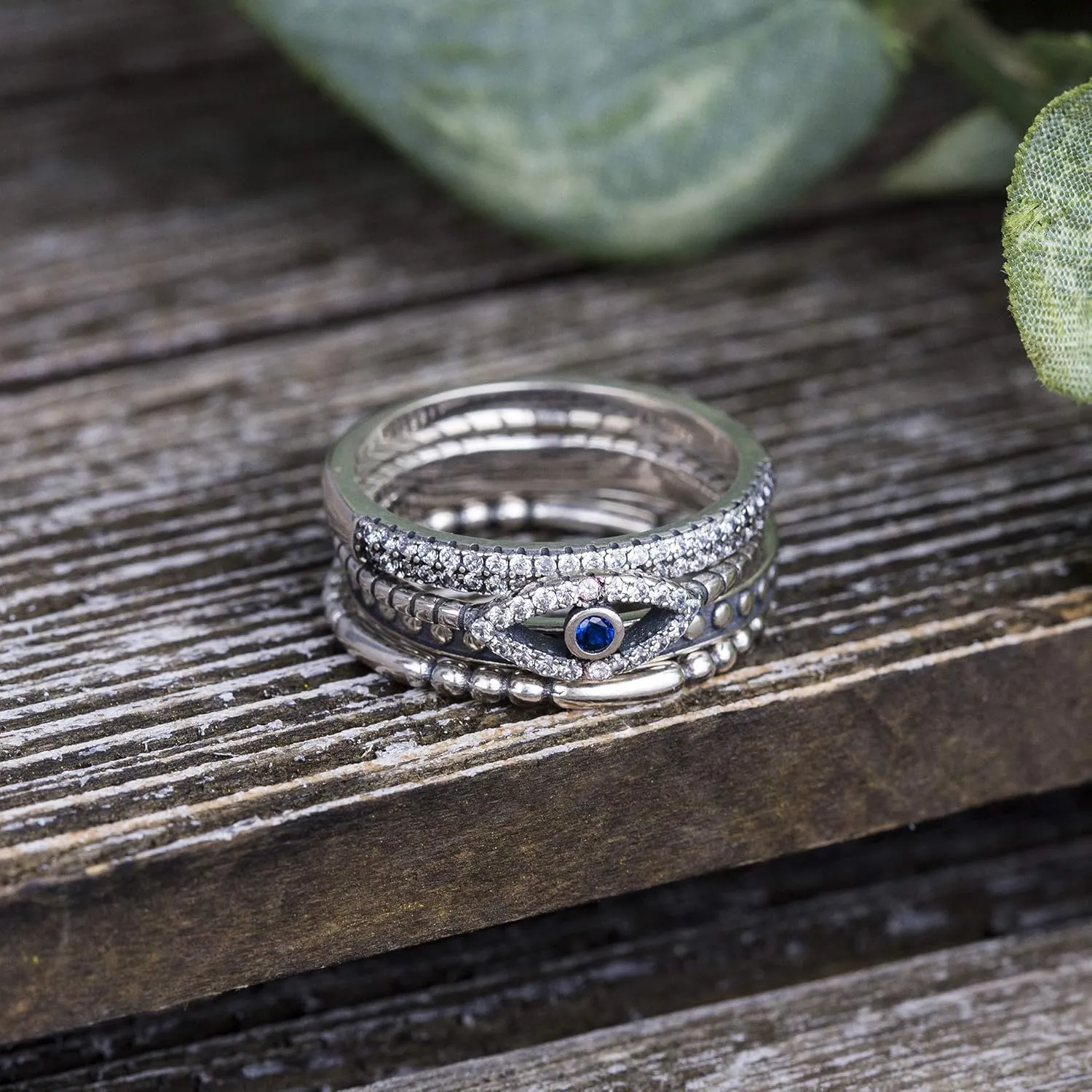 Oxidized Sterling Silver Multi Pack Cubic Zirconia Stackable Eternity Ring for Women Set Evil Eye