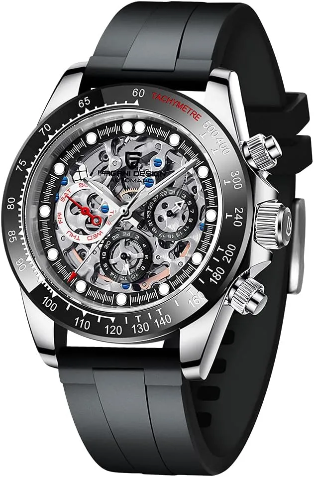 Pagani Design PD1653 Luxury Men's Automatic Mechanical Watches Stainless Steel Skeleton Dial Diamond Rainbow Rubber Strap Waterproof Analog Self-winding Wristwatch