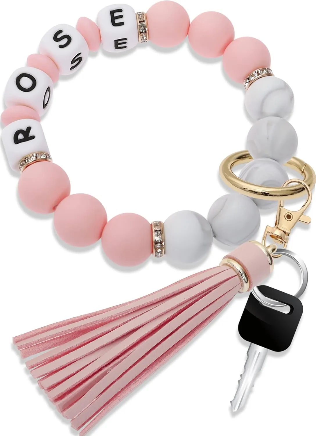 Panny & Mody Personalized Keychain Bracelet Wristlet Silicone Bead Bangle Key Ring with Leather Tassel