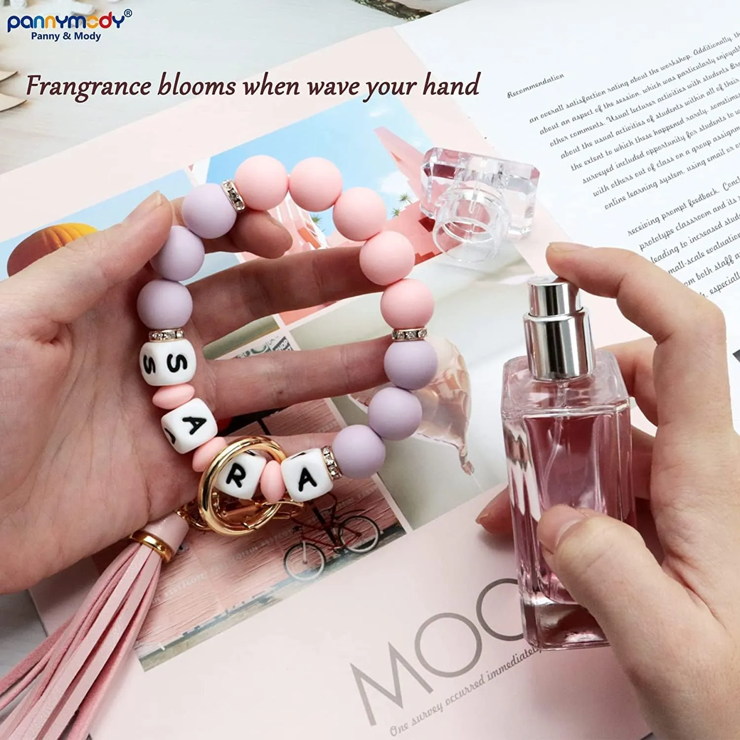 Panny & Mody Personalized Keychain Bracelet Wristlet Silicone Bead Bangle Key Ring with Leather Tassel