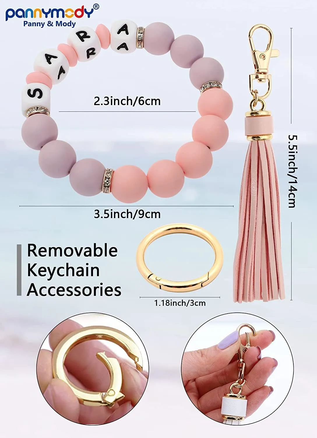 Panny & Mody Personalized Keychain Bracelet Wristlet Silicone Bead Bangle Key Ring with Leather Tassel