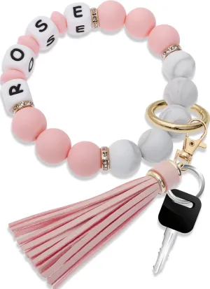 Panny & Mody Personalized Keychain Bracelet Wristlet Silicone Bead Bangle Key Ring with Leather Tassel