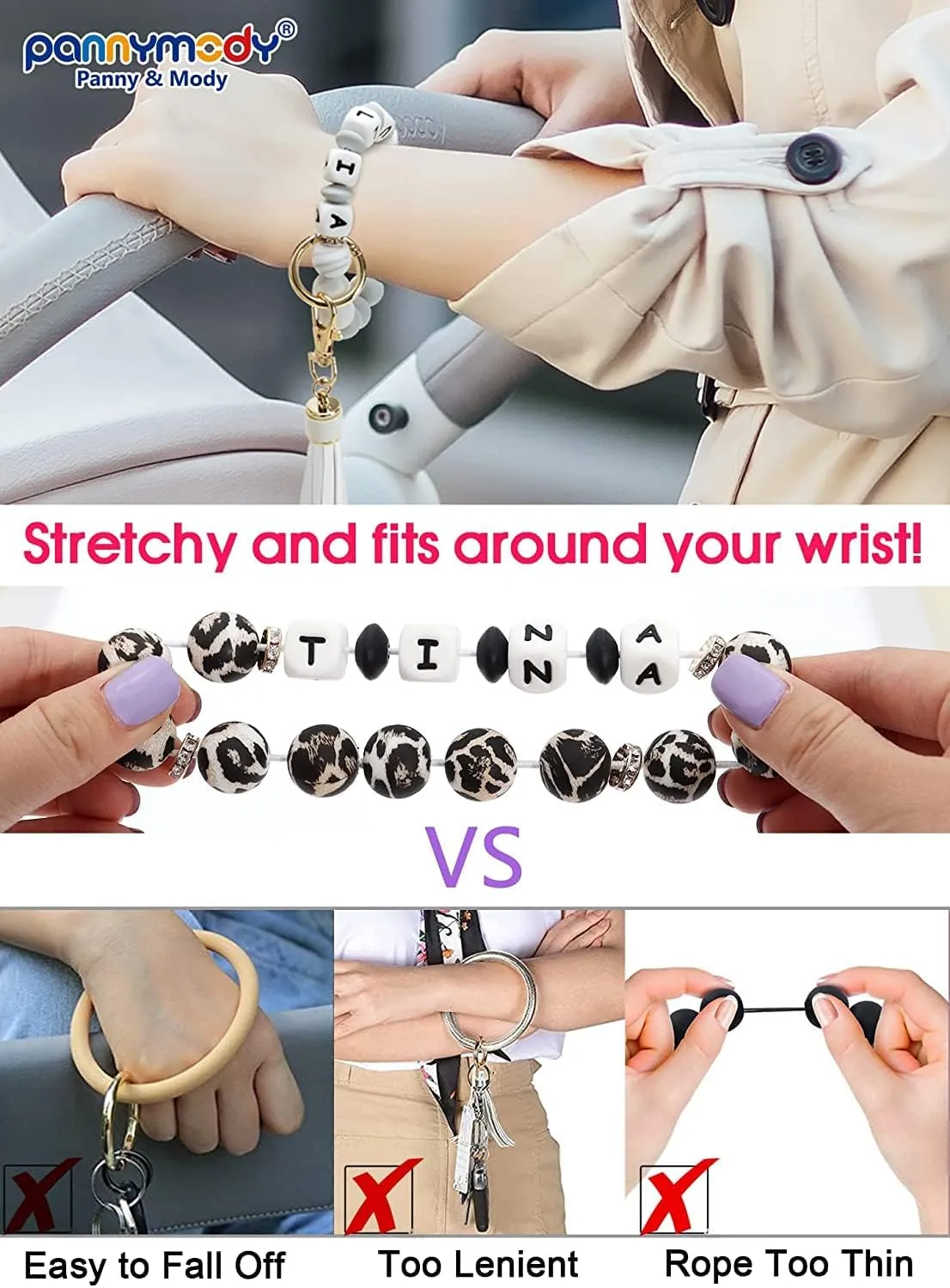 Panny & Mody Personalized Keychain Bracelet Wristlet Silicone Bead Bangle Key Ring with Leather Tassel