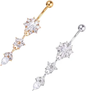 PartyKindom 2Pcs Dangle Belly Button Rings with Drip Flower Pendant Creative Body Piercing Jewelry White Stylish Belly Piercing Rings for Women present for Friends