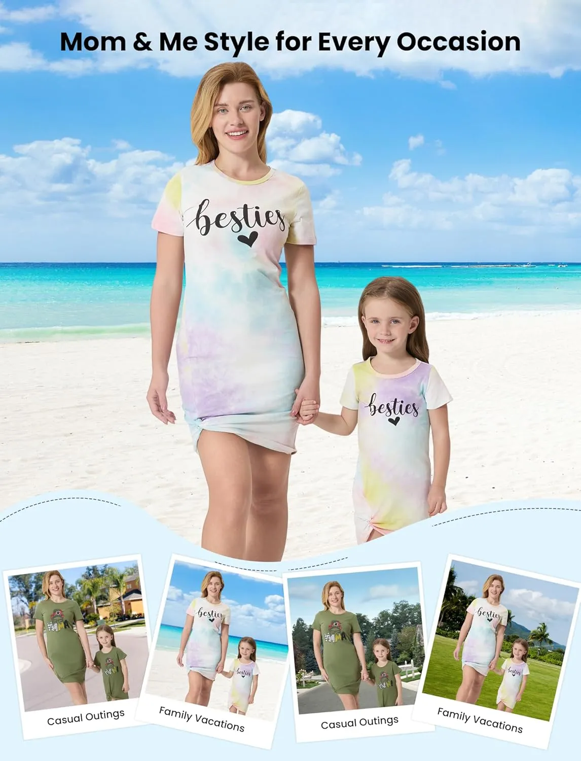 PATPAT Mommy and Me Matching Beach T Shirt Dresses:Short-Sleeve T-Shirt Dresses Vacation Outfits