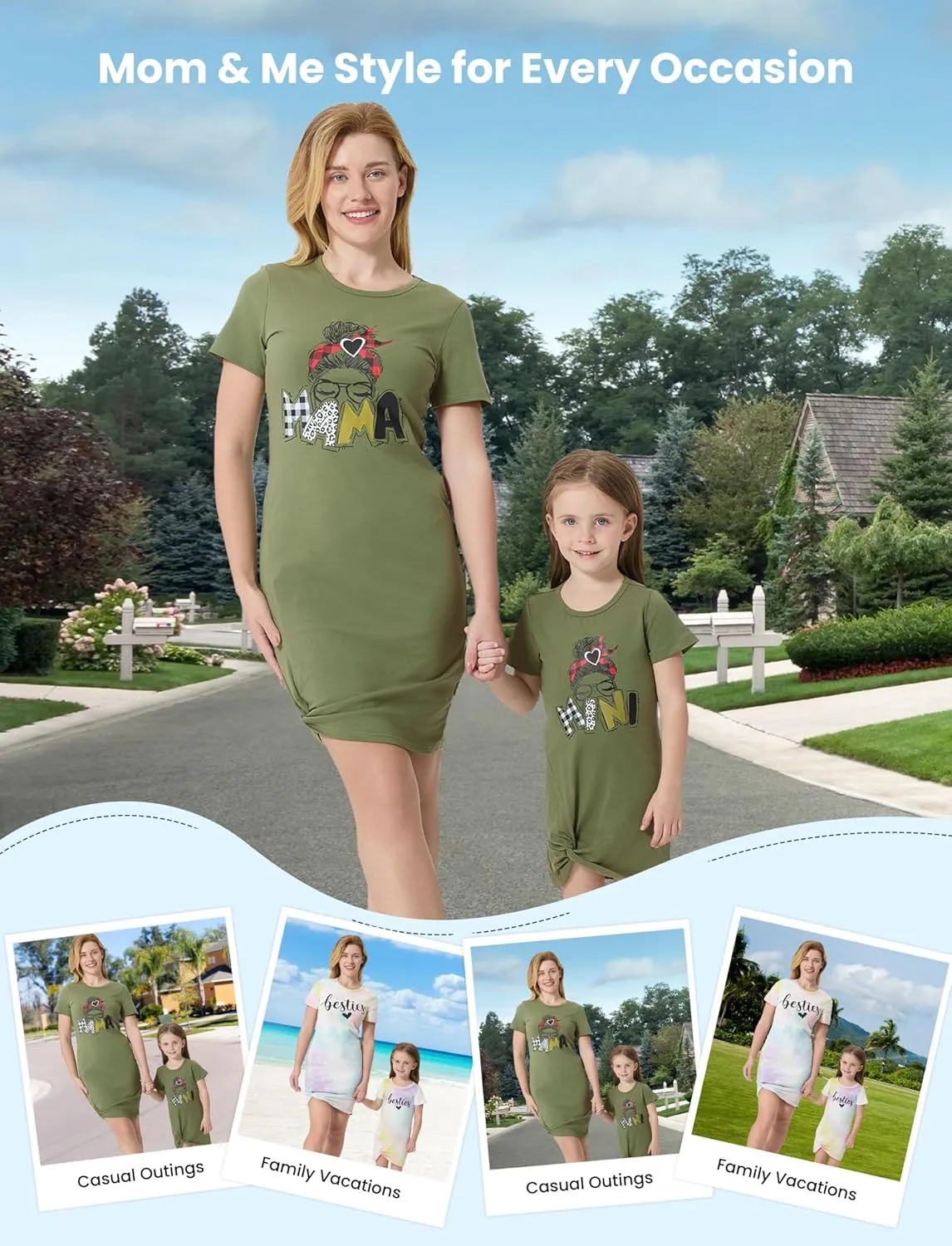 PATPAT Mommy and Me Matching Beach T Shirt Dresses:Short-Sleeve T-Shirt Dresses Vacation Outfits