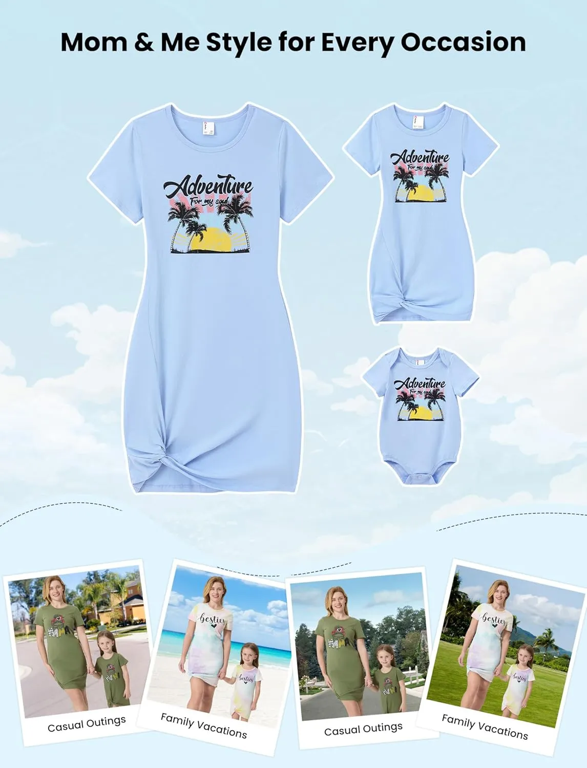 PATPAT Mommy and Me Matching Beach T Shirt Dresses:Short-Sleeve T-Shirt Dresses Vacation Outfits