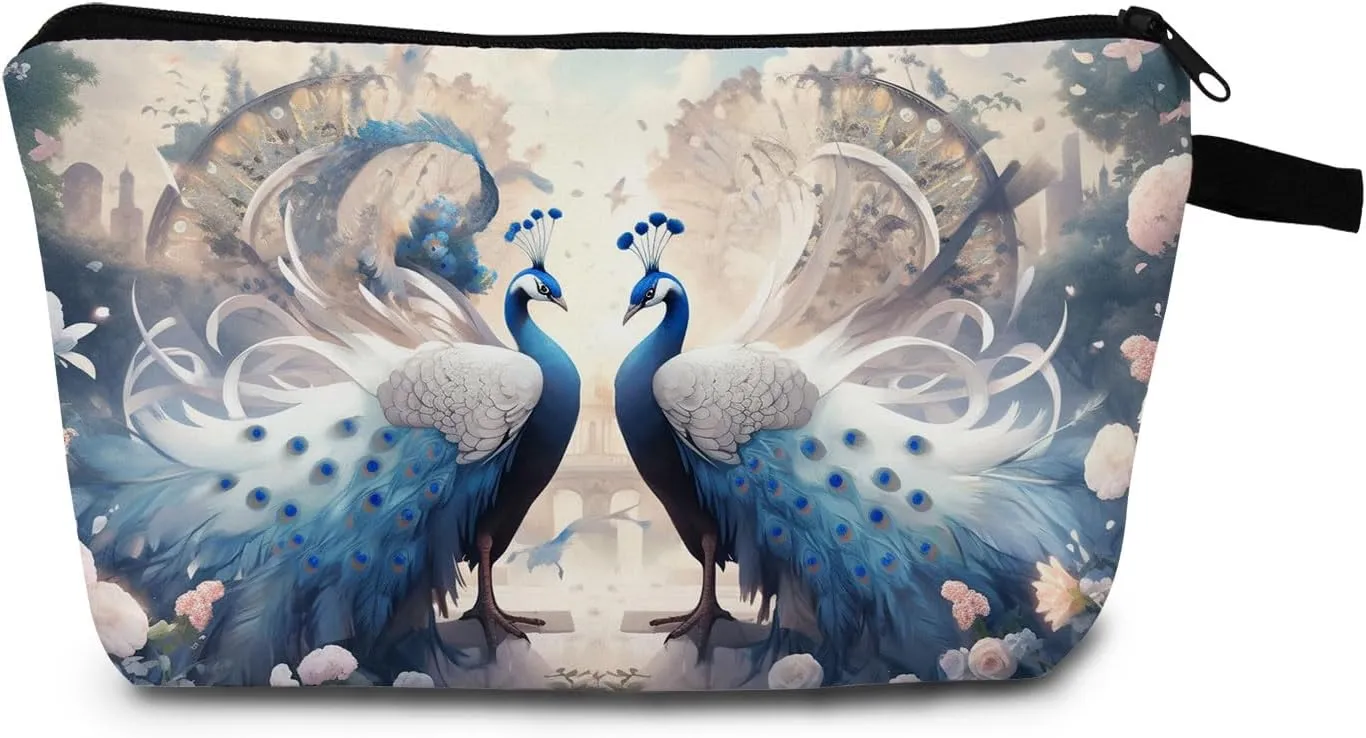 Peacock Print Women Makeup Bag Outdoor Beach Travel Cosmetic Bag Small Zipper Toiletry Kit Organizer