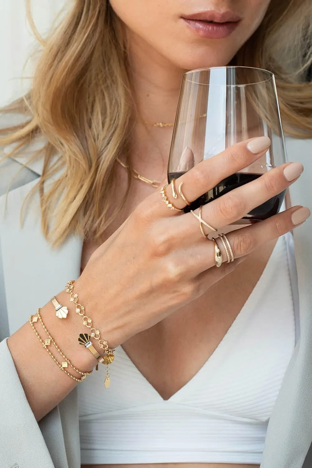 PERNNLA PEARL 18K Gold CZ Fake Diamond Stackable Rings Cute Thin Gold Engagement Adjustable Open Knuckle Rings Eternity Bands for Women