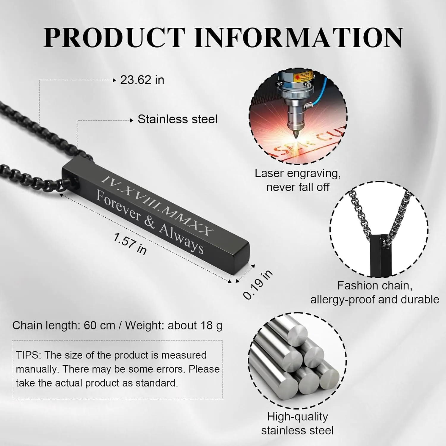 Personalized 3D Bar Vertical Pendant Necklace - Custom 4 Sided Name Text Necklace Engraved Cuboid Stick Necklace Personalized Valentine's Day Gifts for Women Men Couple