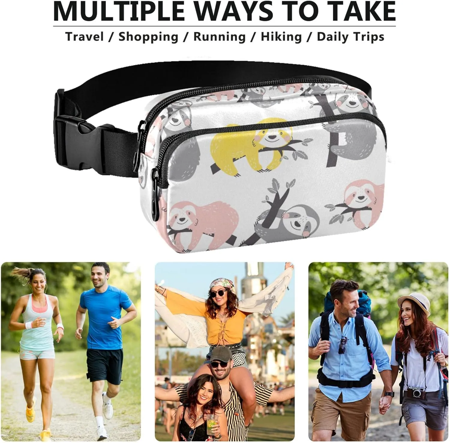 Personalized Colored Sloth Colorful Waterproof Womens Fanny Pack Anti Theft Belt Bag Fashion Waist Pouch for Women