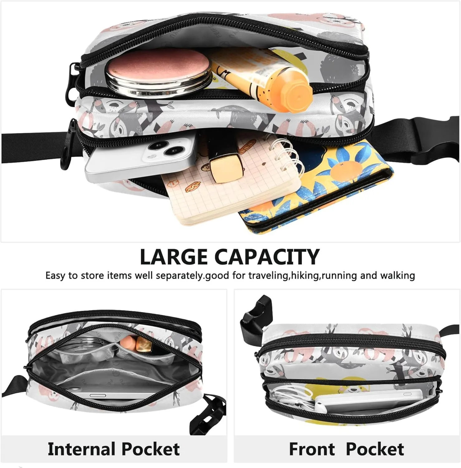 Personalized Colored Sloth Colorful Waterproof Womens Fanny Pack Anti Theft Belt Bag Fashion Waist Pouch for Women