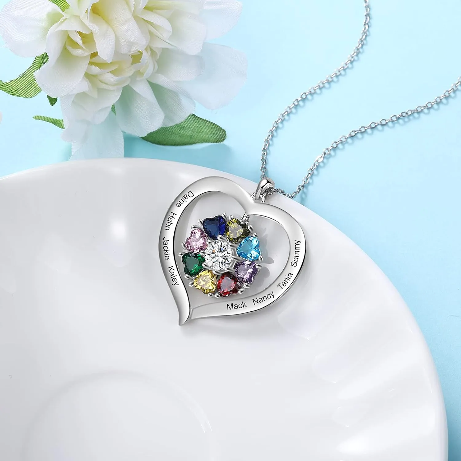 Personalized Mothers Necklace with Birthstone Custom Name Necklace for Women Mom Necklace with Kids Names Heart Necklaces for Mother Wife Grandma Girlfriend Family Birthday Valentine's Day Christmas Gift