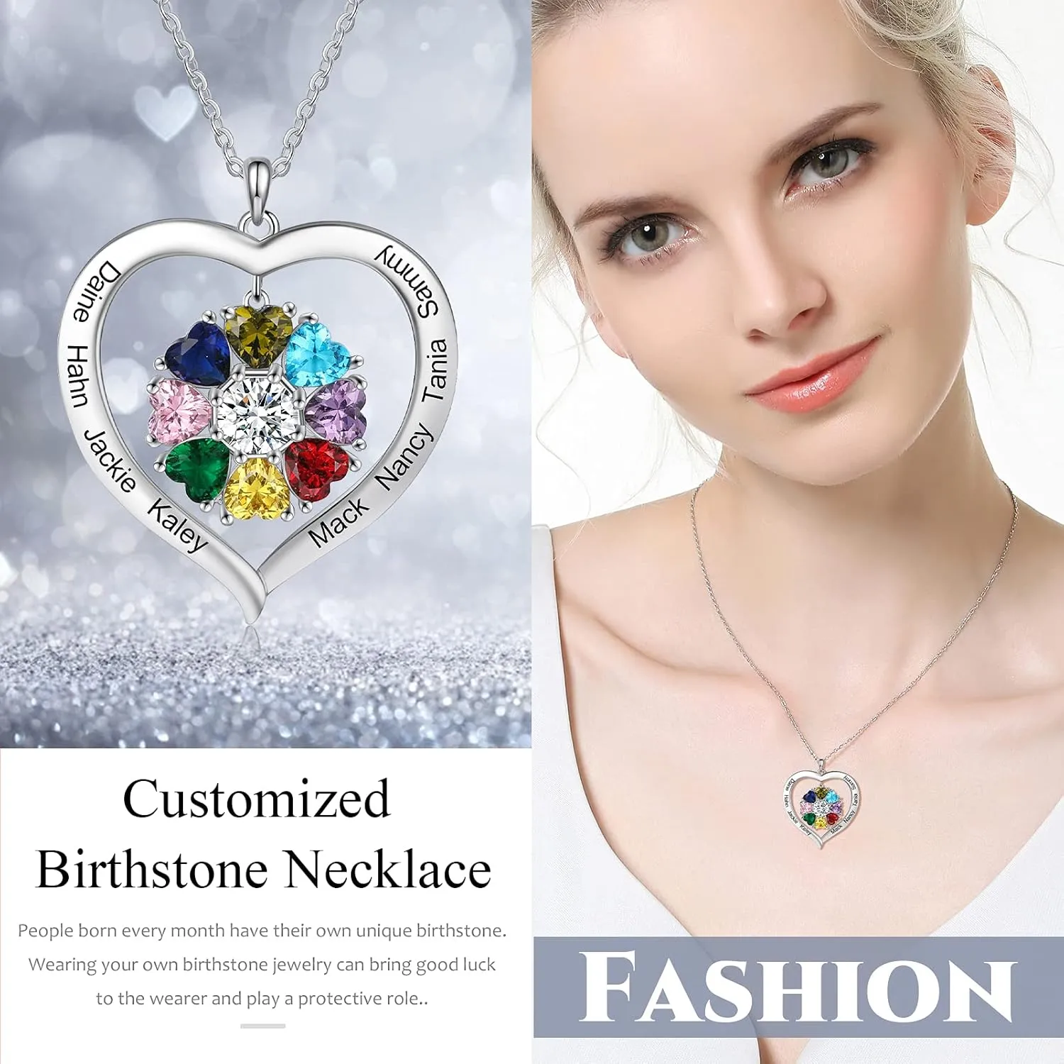 Personalized Mothers Necklace with Birthstone Custom Name Necklace for Women Mom Necklace with Kids Names Heart Necklaces for Mother Wife Grandma Girlfriend Family Birthday Valentine's Day Christmas Gift