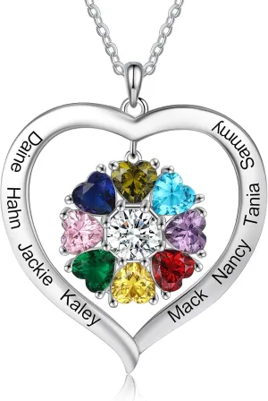 Personalized Mothers Necklace with Birthstone Custom Name Necklace for Women Mom Necklace with Kids Names Heart Necklaces for Mother Wife Grandma Girlfriend Family Birthday Valentine's Day Christmas Gift