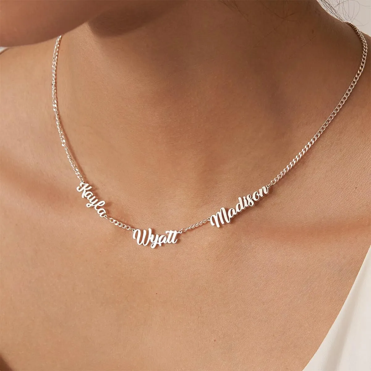 Personalized Name Necklace with Curb Chain, 18K Gold Plated Handmade Custom Family Choker Customized Child Nameplate Necklace Mother's Day Jewelry Gift for Mom, Wife (3 Names Necklace)