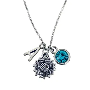 Personalized Sunflower Charm Necklace with Birthstone and Initial Charm, Flower Pendant, You are My Sunshine Gifts Sunflower Jewelry for Girls