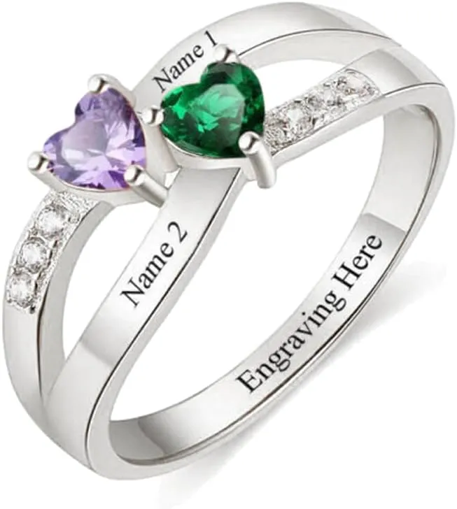 Personalized Two Names Ring Mothers Ring with 2 Birthstones 925 Sterling Silver Custom Couple Name Ring for Women Girlfriend Friend Mom Grandmother Wife Mother's Day Christmas Birthday Gifts