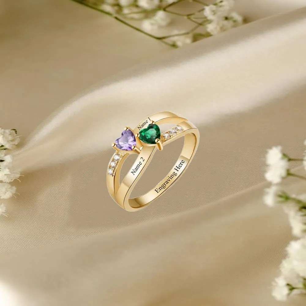 Personalized Two Names Ring Mothers Ring with 2 Birthstones 925 Sterling Silver Custom Couple Name Ring for Women Girlfriend Friend Mom Grandmother Wife Mother's Day Christmas Birthday Gifts