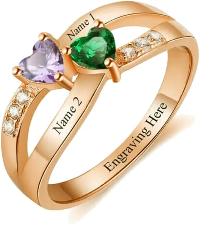 Personalized Two Names Ring Mothers Ring with 2 Birthstones 925 Sterling Silver Custom Couple Name Ring for Women Girlfriend Friend Mom Grandmother Wife Mother's Day Christmas Birthday Gifts