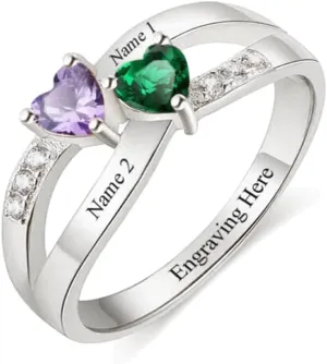 Personalized Two Names Ring Mothers Ring with 2 Birthstones 925 Sterling Silver Custom Couple Name Ring for Women Girlfriend Friend Mom Grandmother Wife Mother's Day Christmas Birthday Gifts