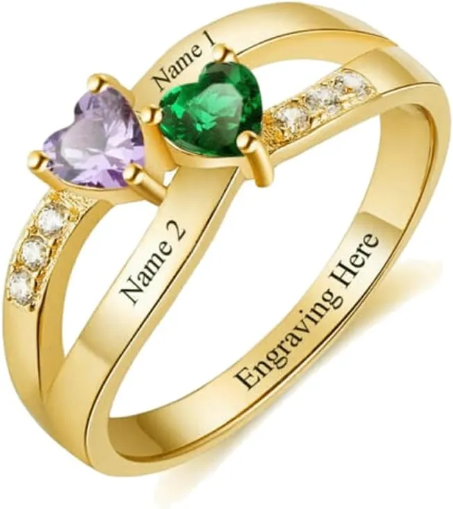 Personalized Two Names Ring Mothers Ring with 2 Birthstones 925 Sterling Silver Custom Couple Name Ring for Women Girlfriend Friend Mom Grandmother Wife Mother's Day Christmas Birthday Gifts