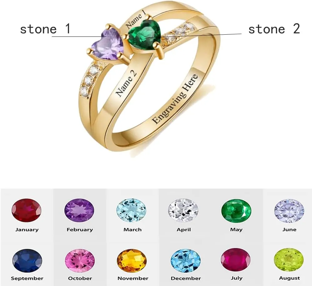 Personalized Two Names Ring Mothers Ring with 2 Birthstones 925 Sterling Silver Custom Couple Name Ring for Women Girlfriend Friend Mom Grandmother Wife Mother's Day Christmas Birthday Gifts